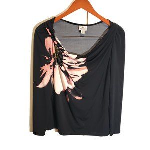 Worthington Cowl neck Floral Black Long-sleeve Blouse Women's Petite Medium